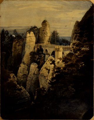 Historisches Lehrmuseum für Photographie, Tafel 86, Hermann Krone, »Neurathen-Partie bei der Bastei«, 1857, Albuminpapier, mit Aquarellfarben koloriert durch Ludwig Friedrich, 41 x 32 cm Historisches Lehrmuseum für Photographie, Tafel 86, Hermann Krone, »Neurathen-Partie bei der Bastei«, 1857, Albuminpapier, mit Aquarellfarben koloriert durch Ludwig Friedrich, 41 x 32 cm